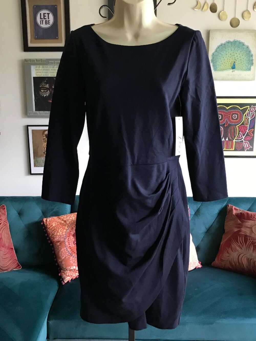 ELIZA J size 6 Navy Blue Stretch Ponte Draped Minimalist Ruched Sheath Dress NWT